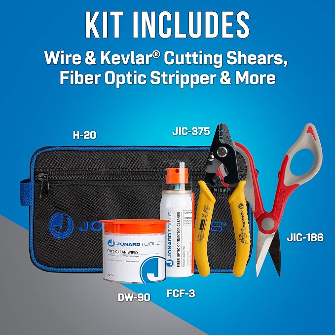 Jonard Tools TK-283 Fiber Cleaning Kit with Kevlar Cutting Shears, 3 Hole Fiber Stripper, Cleaning Fluid, Dry Wipes, and Carrying Case