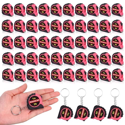 Kanayu 50 Pcs Mini Tape Measure Keychains 3 ft Small Retractable Measuring Tape Bulk with Lock Steel Easy Read Pocket for Birthday Party Favors Daily Use (Rose Pink)
