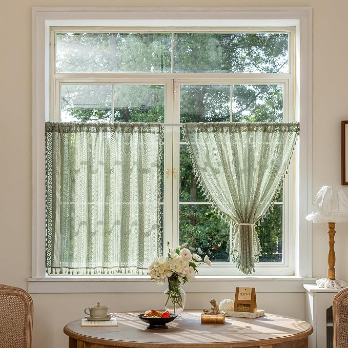 Sutuo Home Sage Green Boho Lace Short Curtains 2 Panels 50" W x 36" L | Sheer Valance Curtains For Kitchen Window Over Sink Drape Closet Crochet Privacy Farmhouse Vintage Tassels Rod Pocket