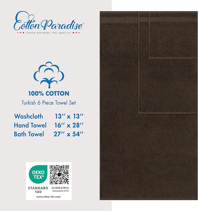 Cotton Paradise 100% Cotton Turkish Towel Set, Soft Absorbent Quick Dry, 6 Piece Towel Set, Chocolate Brown
