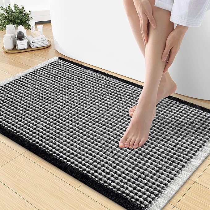 Smiry Waffle Bath Mat 30x18, Extra Soft Absorbent Bathroom Rugs, Non Slip Machine Washable Quick Dry Bath Rugs for Bathroom Floor, Tub, Shower, Home Decor Accessories, Black & Cream