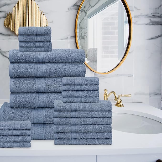 HILLFAIR 24 Piece Bath Towels Set for Bathroom- 100% Cotton 24 PC Bulk Pack Hotel Spa Towel Set- 2 XXL Oversized Big Towels, 4 Bath Towels, 6 Hand Towels, 4 Fingertip Towels, 8 Washcloths: Blue