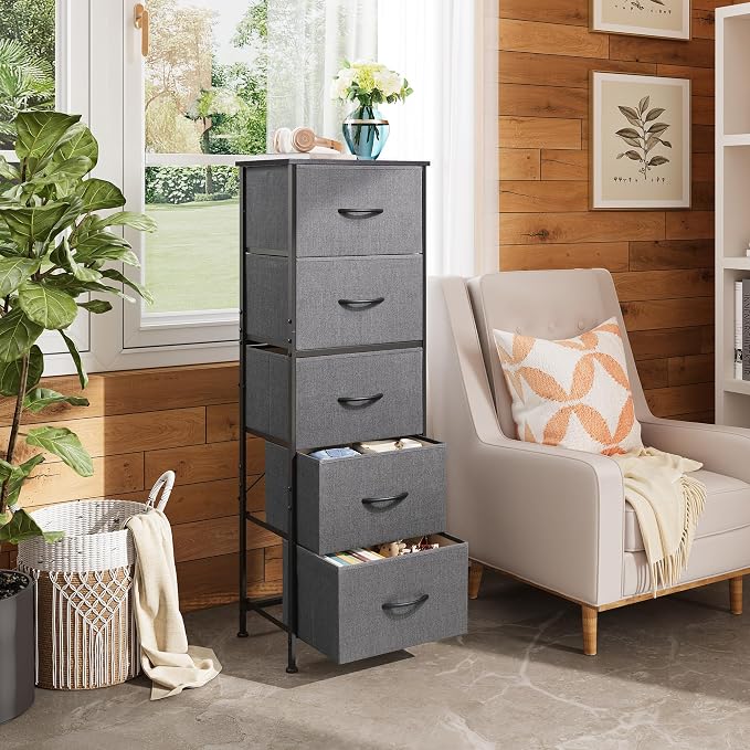 WLIVE Fabric Dresser, 5-Drawer Tall Dressers for Bedroom, Storage Dresser Organizer with Fabric Bins, Wood Top, Sturdy Steel Frame, Chest of Drawers for Closet, Hallway, Dark Grey