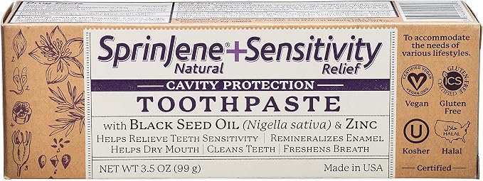 SprinJene Natural Sensitivity Relief Toothpaste – Fluoride Toothpaste for Sensitive Teeth & Cavity Protection – SLS Free with Patented Black Seed Oil & Zinc – Made in the USA (4 Pack)