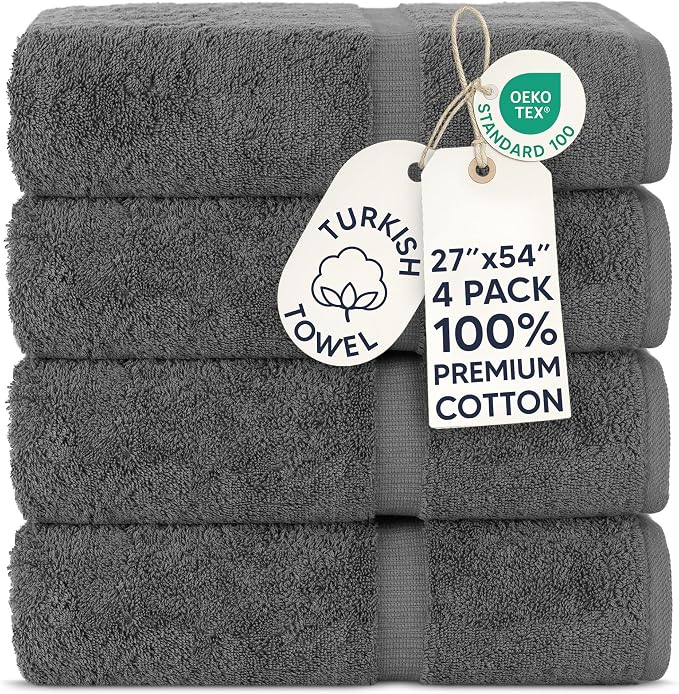 Chakir Turkish Linens 4 Piece Bath Towel Set, 100% Cotton Luxury Turkish Towels for Bathroom, Soft Absorbent Bath Towels, 27 x 54 Inches, Dark Gray