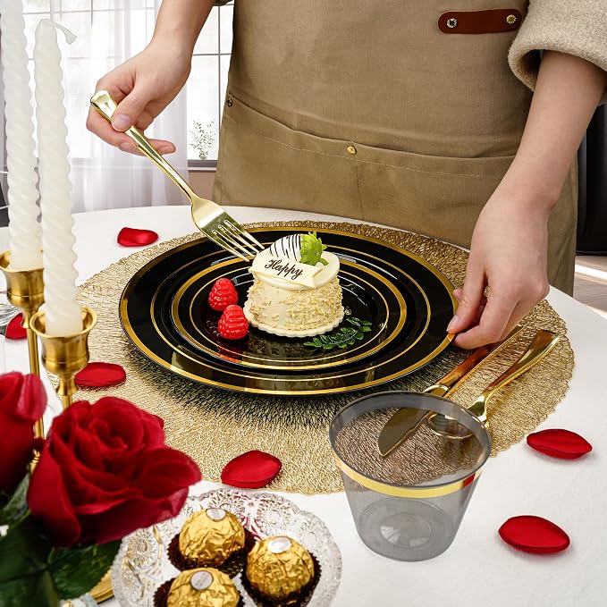 BESTVIP 525PCS Black Gold Dinnerware Set for 75 Guests, Plastic Plates for Halloween Party and Christmas, 75 Disposable Plates, 75 Dessert Plates, 75 Cups, 75 Spoons, 75 Forks and 75 Knives