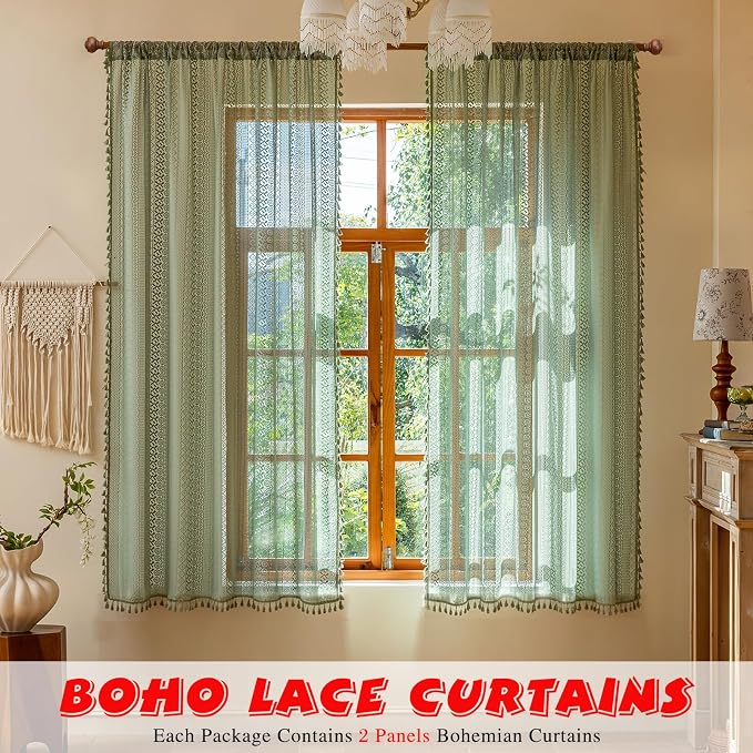 Sutuo Home Sage Green Boho Lace Curtains 2 Panels for Kitchen Living Room | Bohemian Cottage Semi Sheer Window Curtains Drape Crochet Vintage Tassels Privacy Rustic Geometry Xmas Rod Pocket, 50" x 63"
