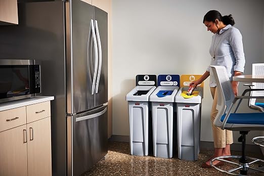 Rubbermaid Commercial Products Slim Jim Recycling Station, 3 Stream Landfill/Paper/Bottles Cans