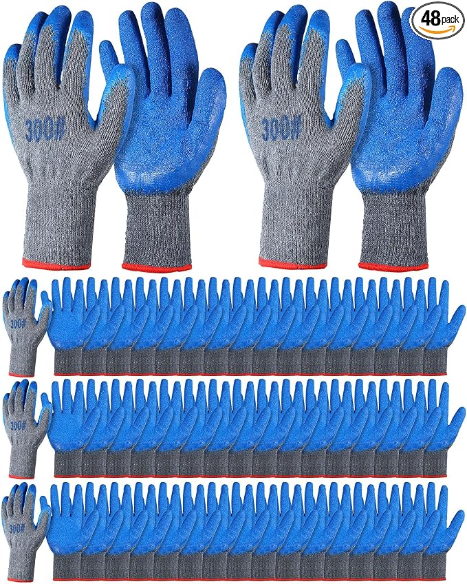 Haysandy 48 Pairs Large Rubber Latex Double Coated Gloves Blue Latex Rubber Hand Coated Safety Work Gloves for Construction Gardening for Men