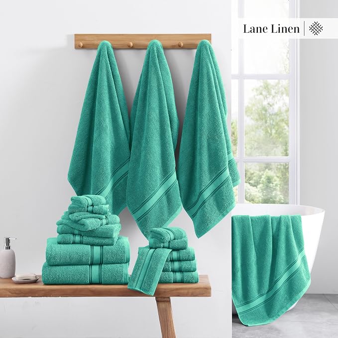 LANE LINEN Towel Set Quick Dry 100% Cotton 3 Piece Soft Absorbent - Teal | Cotton Towels For Bathroom - Zero-Twist Durability, Zero-Twist Cotton, Terry Weave Comfort, Long-Lasting Comfort
