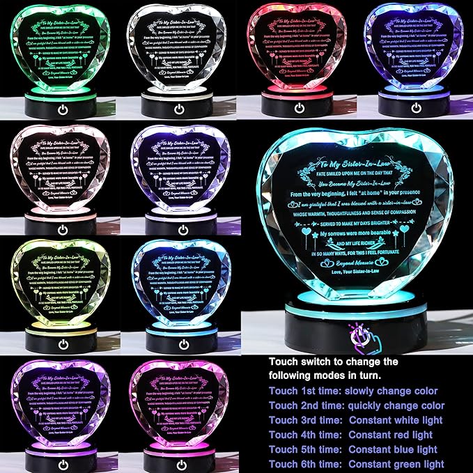 YWHL Sister in Law Birthday Gifts with Colorful LED Base Unique Heart Crystal Keepsake for Unbiological Bonus Sister Wedding Thanksgiving Gift Ideas