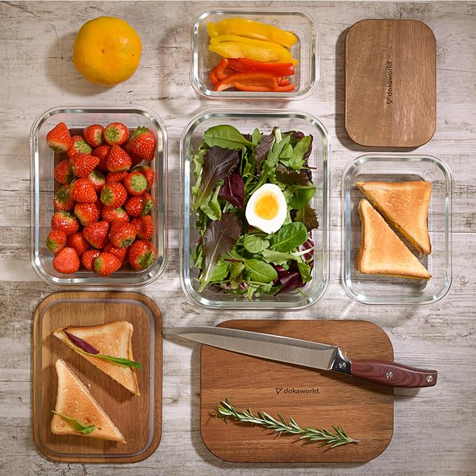 Glass Container Set with Acacia Lids - 4 Stackable Meal Prep Containers. Durable heat resistant Inert Borosilicate Glass