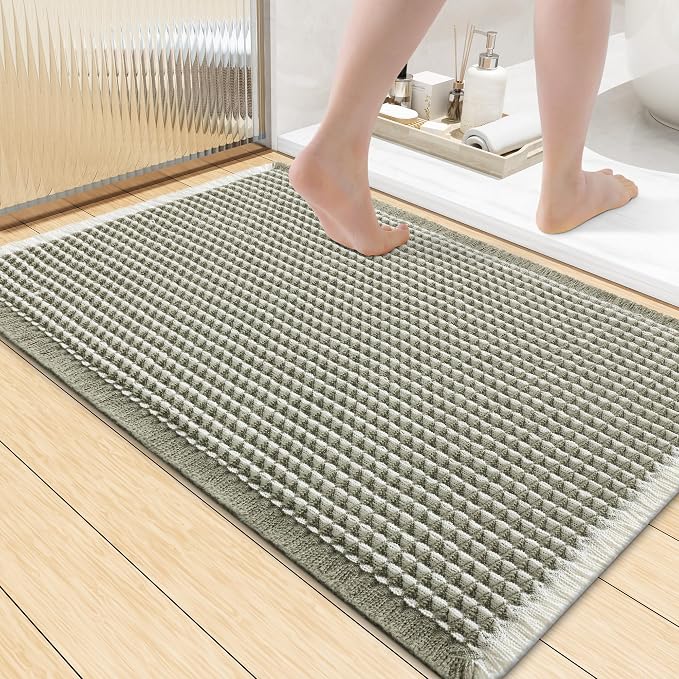 Smiry Waffle Bath Mat 36x24, Extra Soft Absorbent Bathroom Rugs, Non Slip Machine Washable Quick Dry Bath Rugs for Bathroom Floor, Tub, Shower, Home Decor Accessories, Green & Cream
