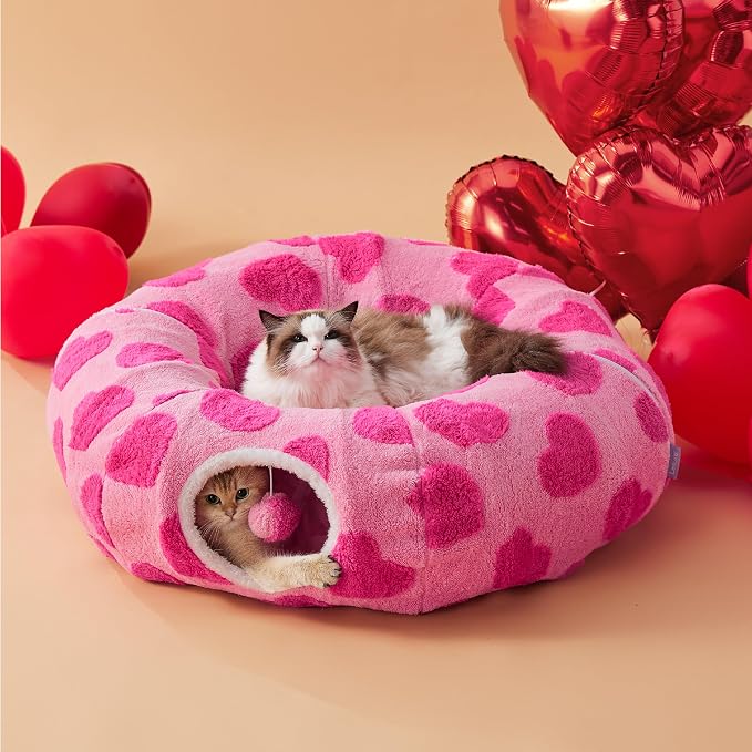 Lesure Cat Tunnel Bed for Indoor Cats - Cute Cat Donut Tunnel Toys with Washable Circle Cushion, Valentine's Day Gifts for Cats, Round Pet Peekaboo Cave Toy for Kitten, Standard Lover Hearts