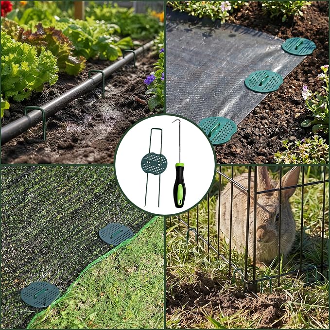 6 Inch 200 Pcs Galvanized Landscape Staples 200 Pcs Gaskets Pick Hook Garden Stakes 11 Gauge Anti-Rust Landscaping Fabric SOD Pins U Shaped Yard Turf Stakes for Weed Barrier Fabric Green