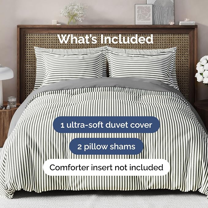 Duvet Cover Cal King Size Set - Extra Soft Cal King Duvet Cover 104" x 98" with 2 Pillow Shams for Women, Men, Kids & Teens - Comfy, Breathable, Hotel Luxury w/ Zipper Closures & Ties (Grey Stripes)