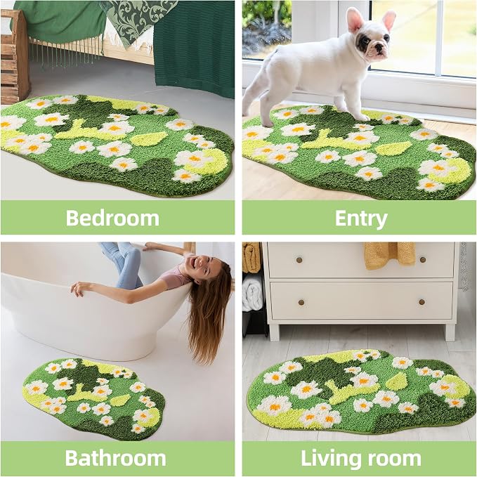 YIKUSH Bathroom Rugs for Living Room Green Moss Rug Cute Bath Mat with Small Flower Non Slip Bath Mats for Bathroom Floral Washable Rug (32x20 inches)