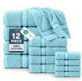 LANE LINEN Bathroom Towel Set 12 Piece Soft Absorbent Quick Dry - Blue | Pack Of Towels - Coordinated Colors, Dobby Border Accent, OEKO-TEX Certified, Zero-Twist Durability, Zero-Twist Cotton