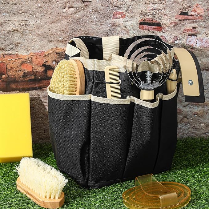 Abbylike 12 Piece Horse Grooming Kit with Organizer Tote Bag Brush Sets for Derby Day Show Horses Professional Tools for Care & Massage(Khaki and Black)
