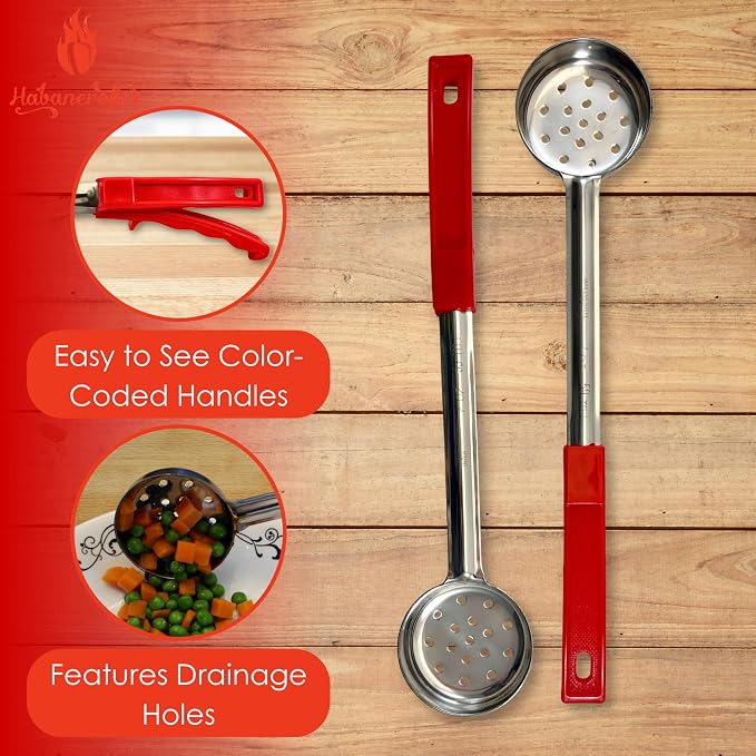 2 oz Slotted Stainless Steel Portion Control Ladle Spoon | Commercial-Grade Spoodle for Portioning & Draining - Pasta, Veggies & Buffet Service. Color-Coded by Size. Dishwasher Safe.