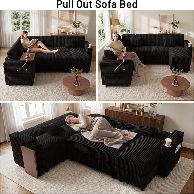 L-Shaped Sectional Sleeper Sofa with Pull Out Bed, Black | Plush Corduroy, Reclining Backrest, Storage Chaise, Usb Ports, Cup Holders & Table – Modular Cloud Couch for Living Room