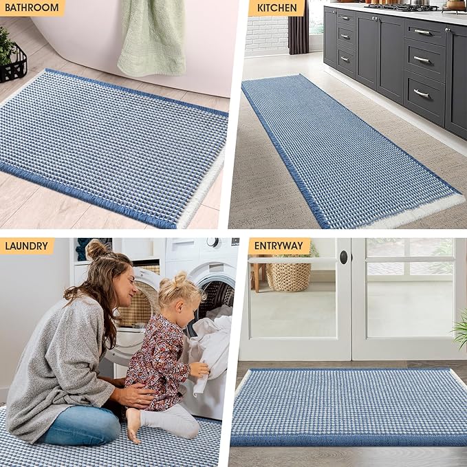IM HOME Waffle Bath Mat Blue & Cream 36"x24", Boho Woven Modern Bath Mat Rugs, Absorbent Non Slip Bathroom Rugs, Soft Washable Bath Rugs with Tassels for Bathroom, Bedroom, Kitchen, Shower, Tub