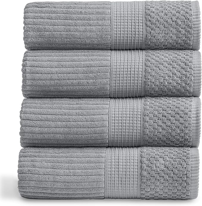 Springtree Home 100% Cotton Bath Towel Set | 4-Pack | Textured | Grey | Absorbent & Quick-Dry Bathroom Towels | Textured and Durable Cotton Towels for Bathroom | OEKO-TEX | Krista Collection