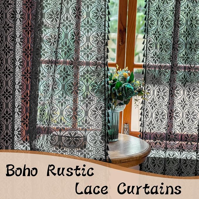 Sutuo Home Black Boho Sheer Curtains 84 inches Long 2 Panel for Living Room | Bohemian Lace Curtains Drape Crochet Light Filtering Farmhouse Decor Vintage Chic Tassels Window Treatments Rod Pocket, 50" W
