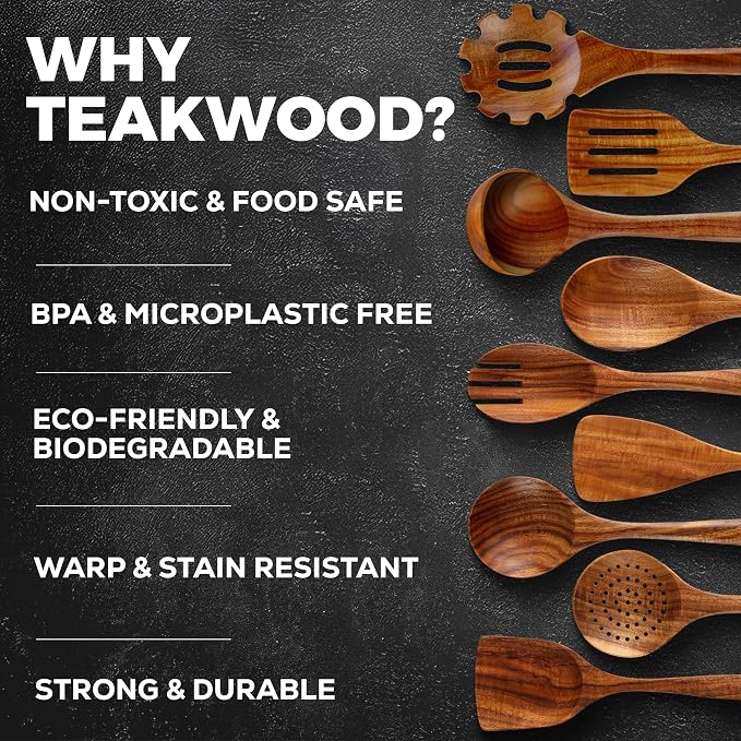 Zulay Kitchen 9-Piece Teak Wood Cooking Utensil Set – Non-Toxic & Non-Stick Safe Wooden Spoons & Kitchen Tools with Comfortable Grip, Smooth Finish Natural Teak – Perfect Kitchen Gift Set