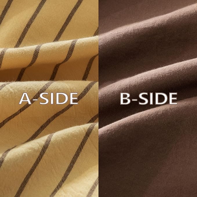 Reversible Duvet Cover Set 100% Washed Cotton Yellow Stripe Linen Feel Duvet Cover Queen Size with Zipper Closure & 2 Pillow Shams, Yellow/Brown Stripe Reverse Solid Brown
