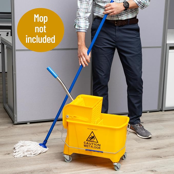 Mind Reader Mop Bucket with Wringer (Mop Not Included), 5.5 Gallon Cleaning Bucket with Wheels and Handle, Upward Press Wringer, Small Mop Compatible, Yellow