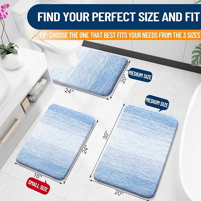 OLANLY Luxury Toilet Rugs U-Shaped 24x20, Extra Soft and Absorbent Microfiber Bathroom Rugs, Non-Slip Plush Shaggy Bath Mat, Machine Wash Dry, Contour Bathroom Mats for Toilet Base, Light Blue