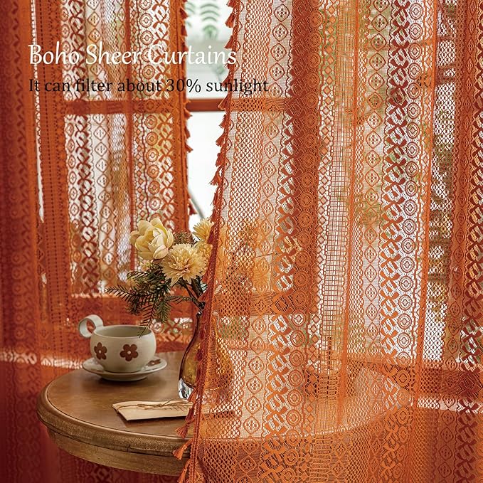 Sutuo Home Boho Sheer Curtains 63 Inch Length for Kitchen Nursery, Lace Curtains Burnt Orange Crochet Vintage Country Tassels Bohemian Privacy Rustic Geometry Rod Pocket, 2 Panels 50" x 63" Terracotta