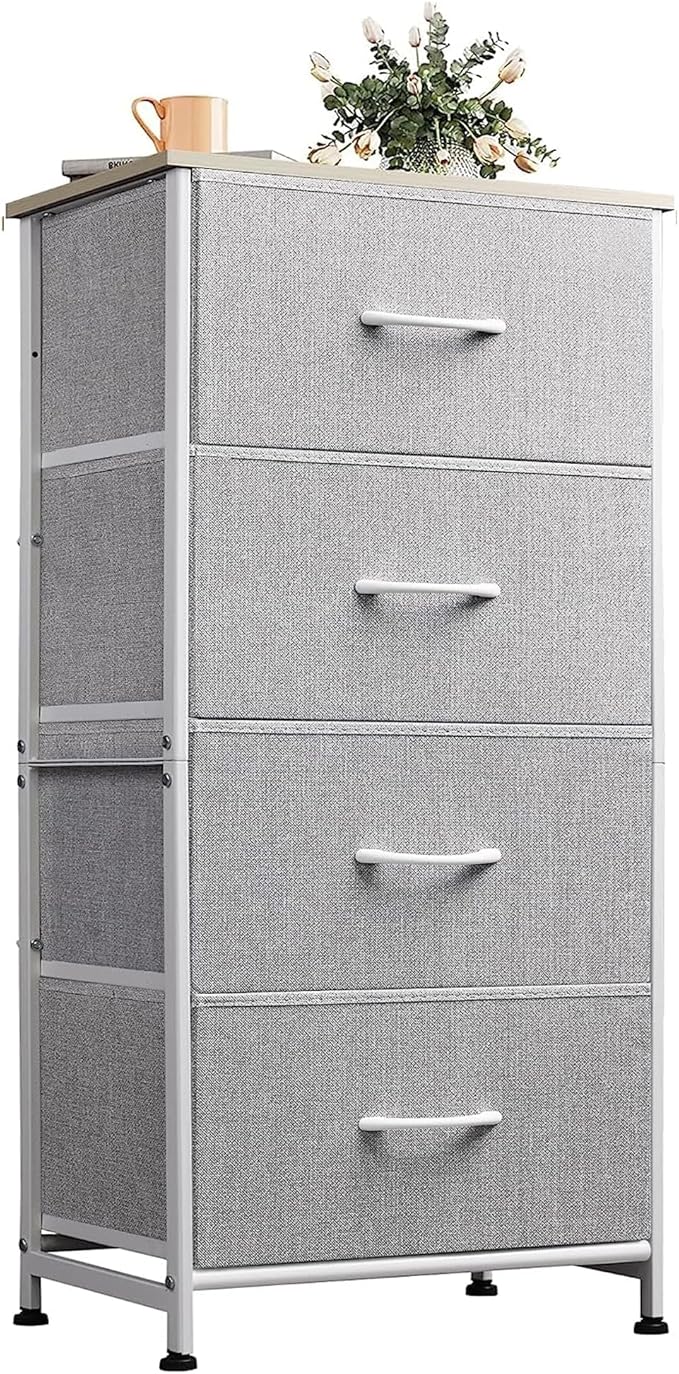 WLIVE Small Dresser Nightstand for Bedroom, 4 Drawers, Light Grey | 4 vertical fabric drawers, Space-saving tower, Bedroom or closet use, Chest of drawers, Dresser for small spaces