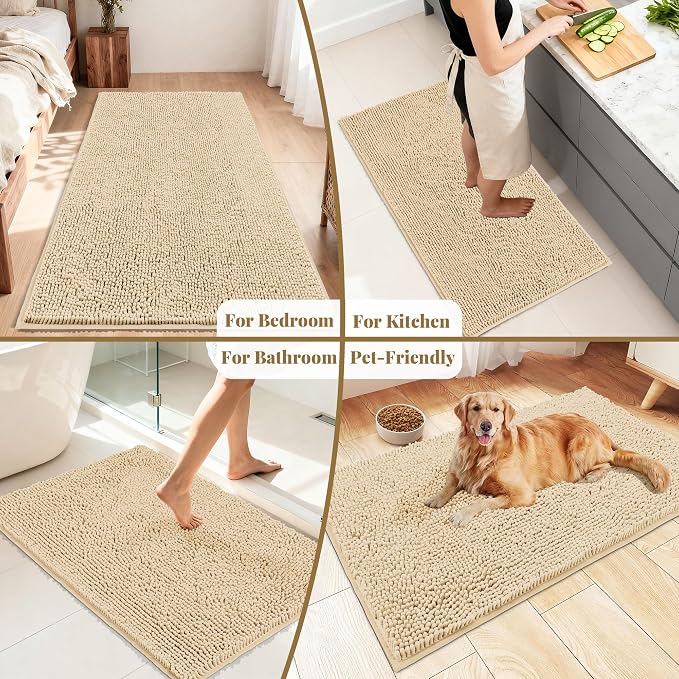 Bathroom Rugs Mat 72 x 24, Thick Soft Absorbent Chenille Bath Rugs, Rubber Backing Bath Mats for Bathroom Floor, Tub, Shower, Bedroom, Home Decor Accessories, Quick Dry Machine Washable, Beige