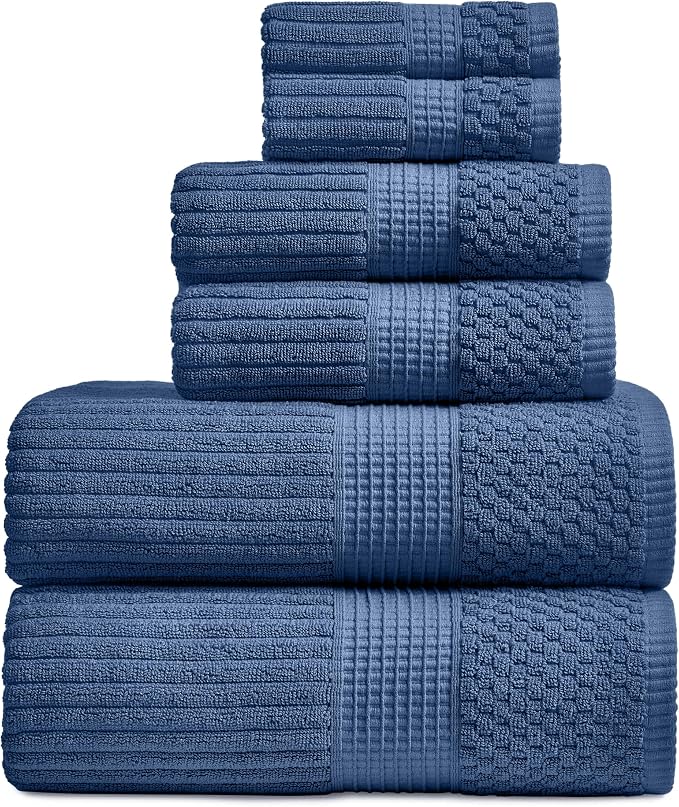 Springtree Home 100% Cotton Bath Towel Set | 6-Piece Set | Textured | Navy | Absorbent & Quick-Dry Bathroom Towels | Textured and Durable Cotton Towels for Bathroom | OEKO-TEX | Krista Collection