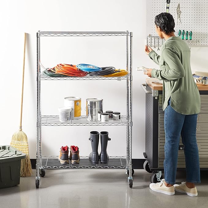 Amazon Basics 4-Shelf Adjustable Heavy Duty Storage Shelving Unit with Wheels, No-Tool Easy Assembly, Garage Shelving, Metal Wire Rack with Casters and Leveling Feet, 36" x 14" x 57.8", Chrome