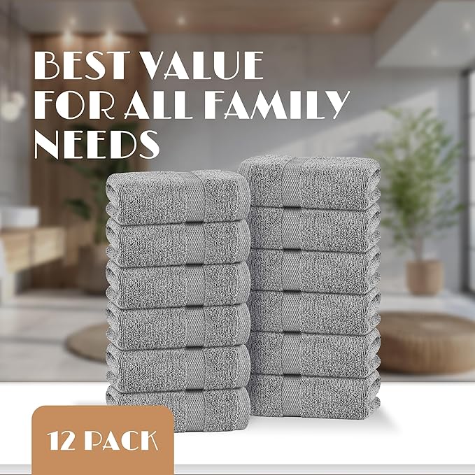 White Classic Light Gray Washcloths Set for Body and Face Towel, Cotton Wash Cloths Bulk 12 Pack, Spa Fingertip Wash Clothes 12x12 Inch, Soft Absorbent Gym Towels