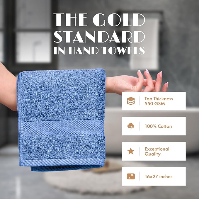 White Classic Light Blue Hand Towels for Bathroom [6 Pack] Cotton Hand Towel Bulk for Gym, Kitchen and Spa, 16x27 Inches Soft Highly Absorbent Quick Dry Terry Salon Towels