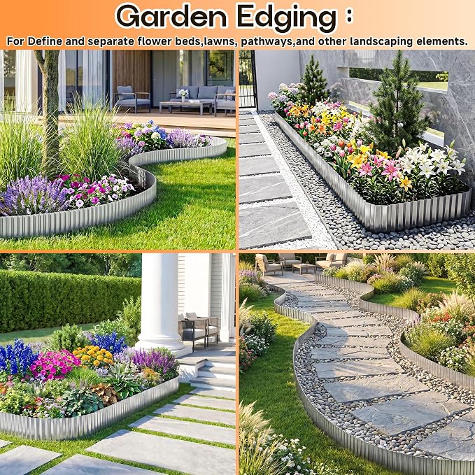 MTART Metal Garden Edging for Landscaping, Sturdy Corrugated Edging Border for DIY Flower Bed, Lawn and Landscape Edging (Silver, 4"×10Ft)