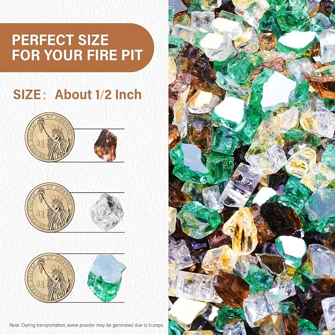 NUPICK 5 Pound Fire Glass, 1/2 Inch Reflective Fire Pit Glass | Fire Pit Rocks for Propane or Natural Gas, Glass Rocks for Fire Pit Table, Fireplace, Fire Bowl, Gold & Green & Copper Mix