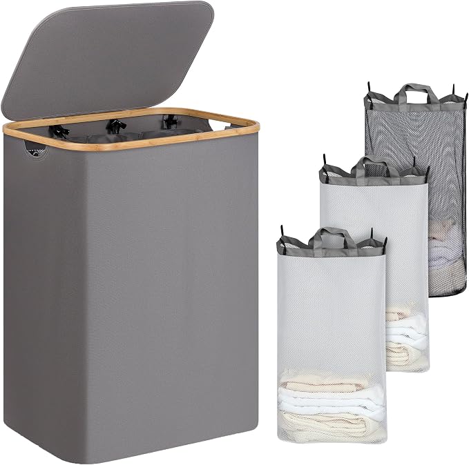 iEGrow Laundry Basket with Lid, 160L Laundry Hamper with Bamboo Handle,Clothes Basket Organizer with Removable Inner Bag for Clothes Towels,Light Grey