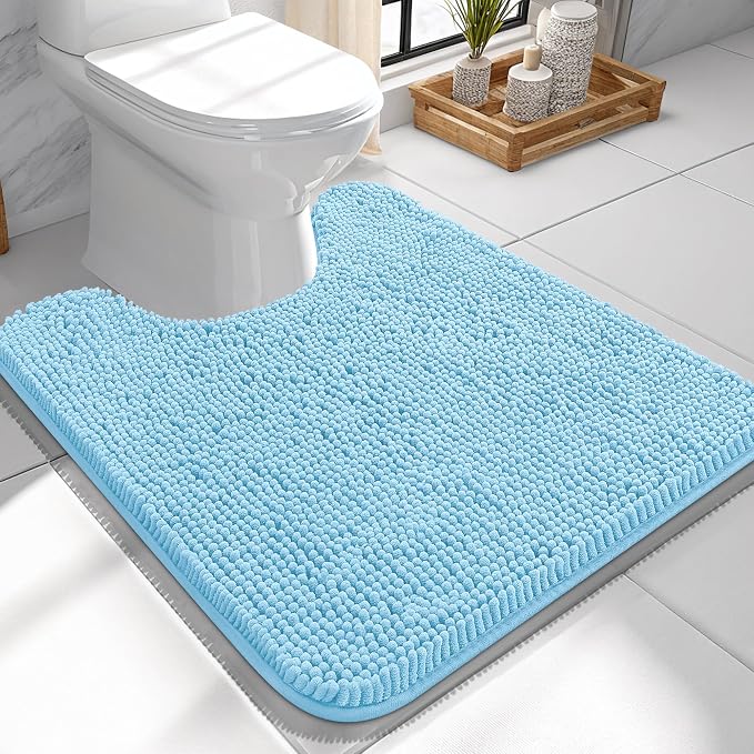 OLANLY Toilet Rugs U-Shaped 24x24, Extra Soft Absorbent Chenille Contour Bathroom Rugs for Toilet, Dry Quickly, Machine Washable, Non-Slip Bath Mat, Sky Blue
