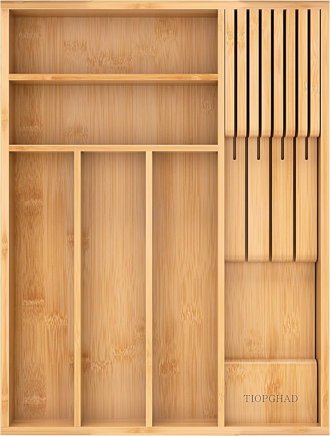 TIOPGHAD Small-Bamboo-Silverware-Drawer-Organizer, Expandable Utensil Kitchen Cutlery Tray Flatware Organization Adjustable Wood Tableware Dividers Storage (with Removable Knife Block)(Natural)