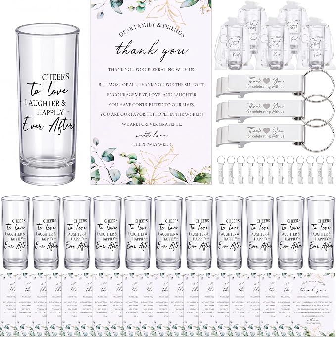 Sliner 50 Set Wedding Favor for Guest Bulk 2oz Acrylic Shot Glasses with bottle opener keychain Thank You Card Organza Bag for Guest Souvenirs Wedding Gift Bridal Shower Party (Classic)