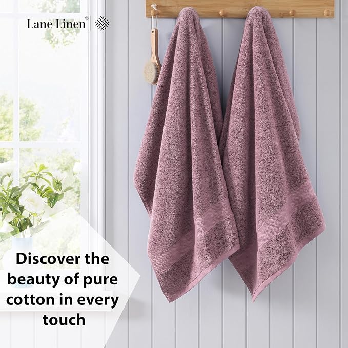 LANE LINEN Bath Towel Set Quick Dry 100% Cotton 4 Piece - Wishful Mauve | Cotton Towels - Classic Terry Weave, Densely Woven, Coordinated Colors, Dobby Border Accent, OEKO-TEX Certified