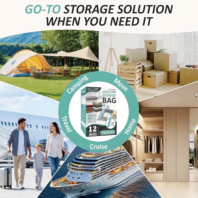 Cozy Essential Vacuum Storage Bags, 80% Compression Vacuum Seal Space Saver Plastic Packaging Bags for Clothes, Blankets, Pillow, Bedding, Comforters, Sealer Clothing Storage,12 Medium