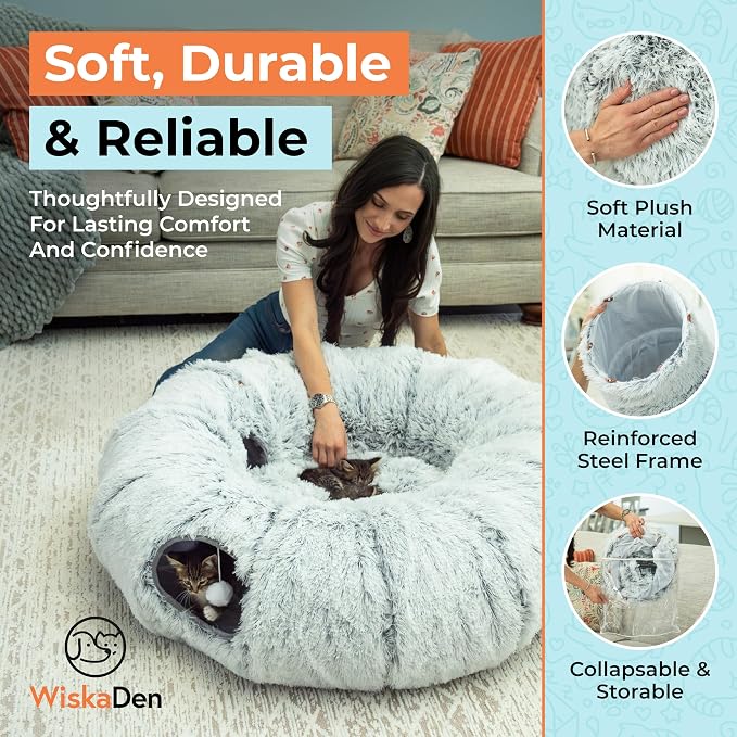 WiskaDen XL Plush Cat Tunnel Bed with Toy and Elderly Feline Access. 3-in-1 Light Grey Fluffy Donut Cushion. Circle Tube for Indoor Cats Leisure, Hiding Spot, Dog Bed, or Rabbit Cave