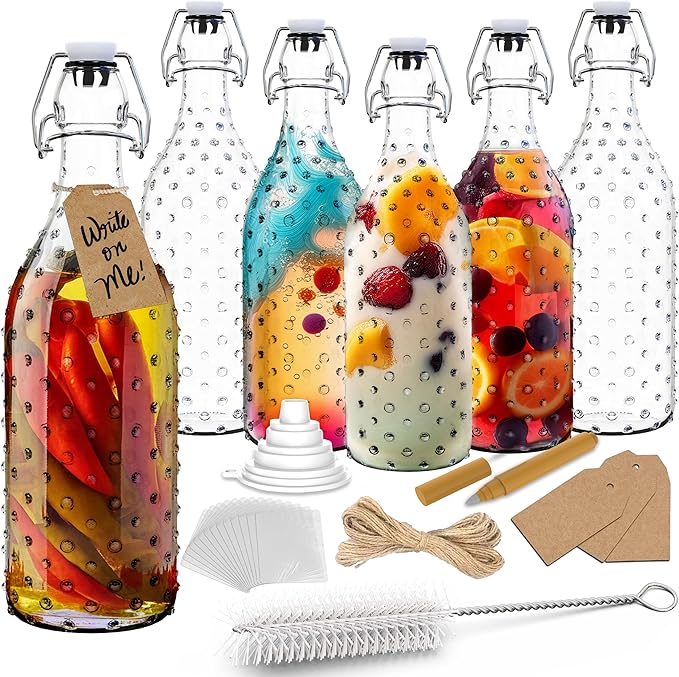 Nevlers 17 Oz Dotted Swing Top Glass Bottles with Airtight Lid 6 PK | Flip Top Glass Bottle with Stopper, Wrap, Funnel, Brush, Tags & Marker | Alcohol Bottle Set | Fermentation Bottles with Stoppers