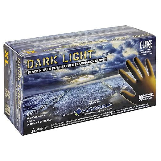 Adenna DLG678 Dark Light 9 mil Nitrile Powder Free Exam Gloves (Black, X-Large) Box of 90
